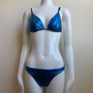 Sauvage California Blue foil lame metallic triangle bikini set
